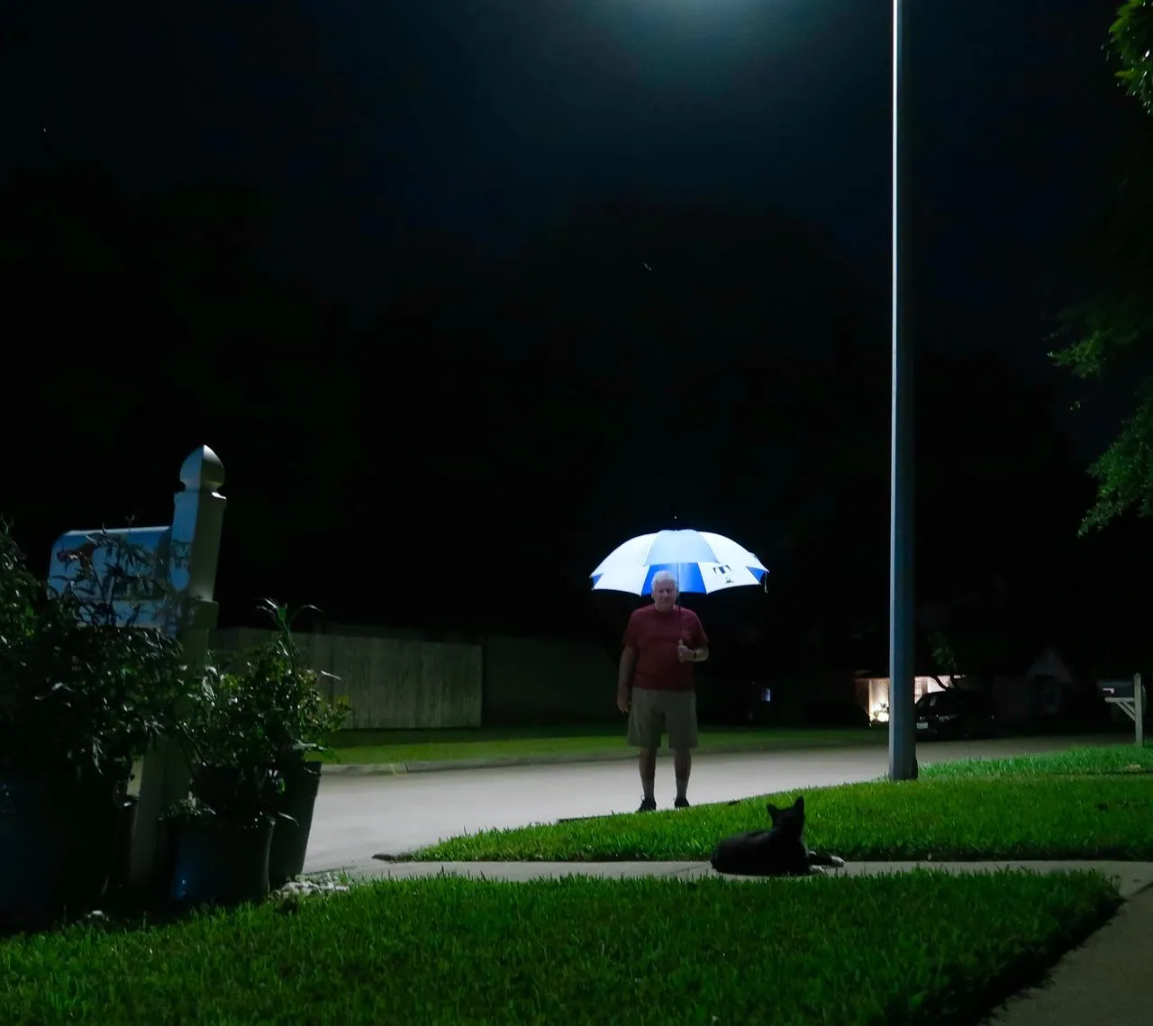 Person holding an illuminated umbrella on a path at night.
