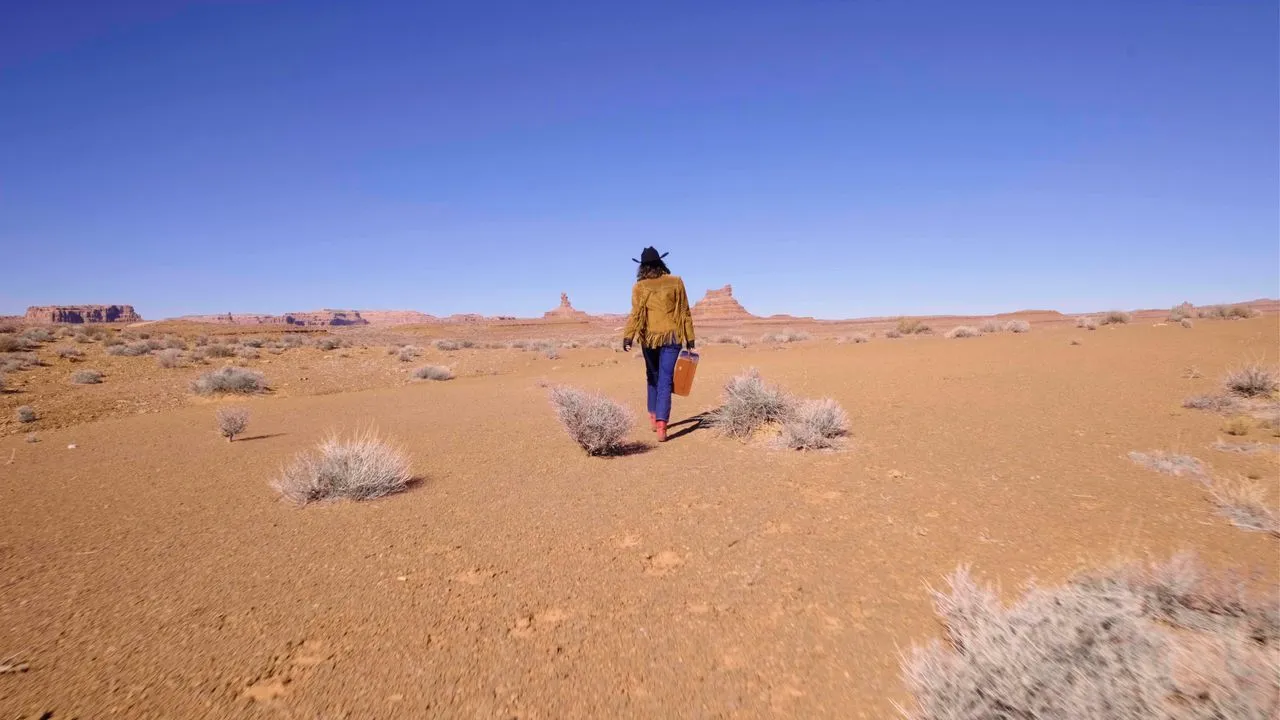Person carrying a suitcase across a desert landscape.